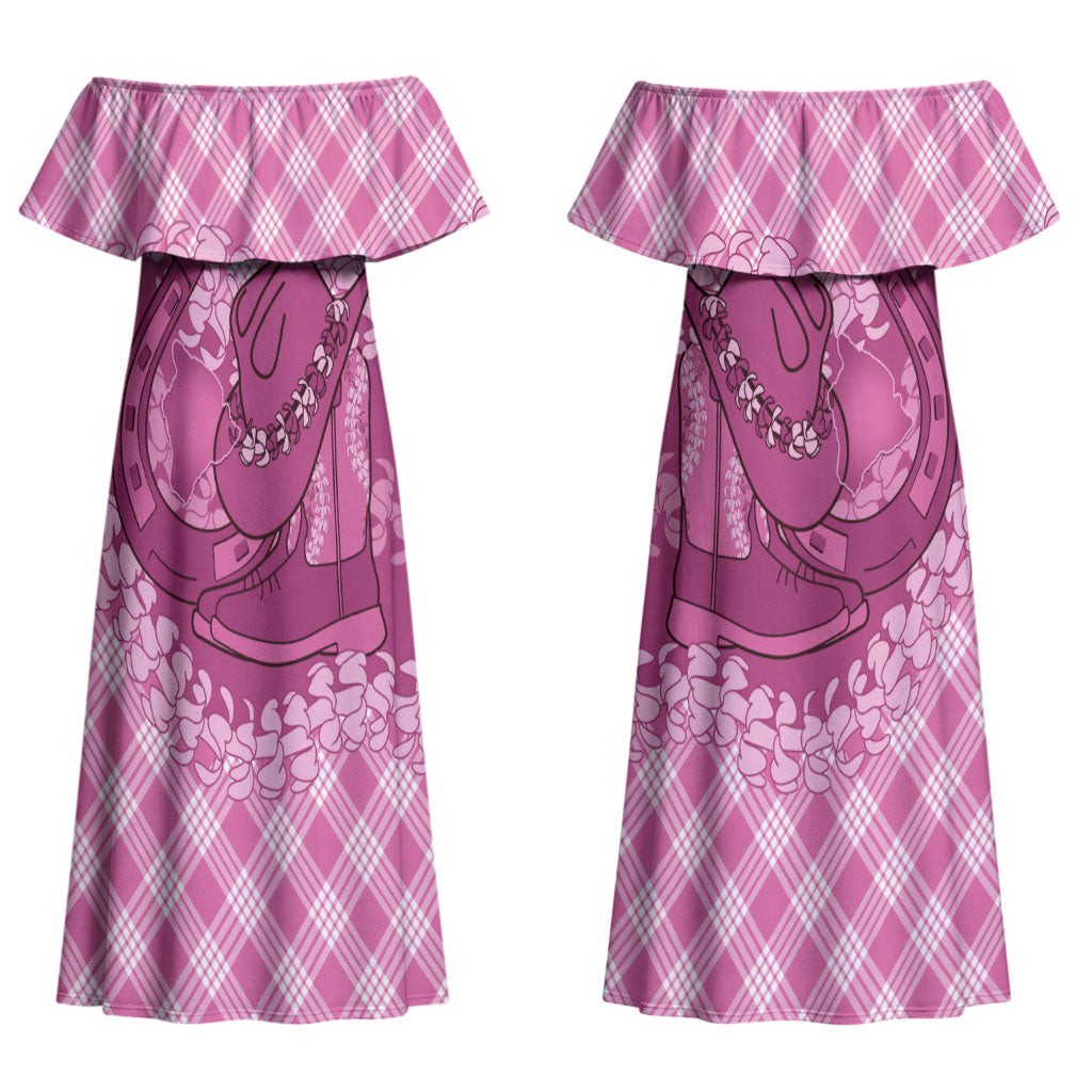 Alaka Hawaii Cowboy Palaka Motifs Personalised Couples Matching Off Shoulder Maxi Dress and Hawaiian Shirt Paniolo Festival Puakenikeni Lei LT14 - Polynesian Pride