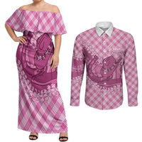 Alaka Hawaii Cowboy Palaka Motifs Personalised Couples Matching Off Shoulder Maxi Dress and Long Sleeve Button Shirt Paniolo Festival Puakenikeni Lei LT14 Pink - Polynesian Pride