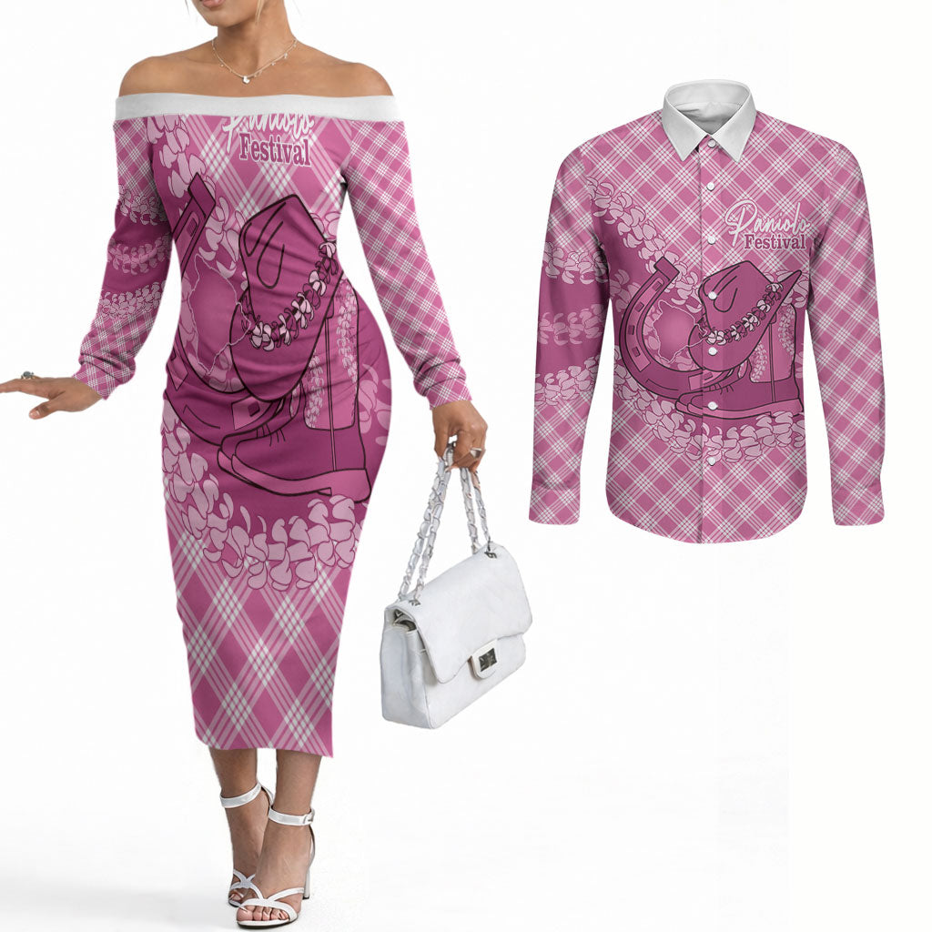 Alaka Hawaii Cowboy Palaka Motifs Personalised Couples Matching Off The Shoulder Long Sleeve Dress and Long Sleeve Button Shirt Paniolo Festival Puakenikeni Lei LT14 Pink - Polynesian Pride