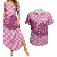 Alaka Hawaii Cowboy Palaka Motifs Personalised Couples Matching Summer Maxi Dress and Hawaiian Shirt Paniolo Festival Puakenikeni Lei LT14 Pink - Polynesian Pride
