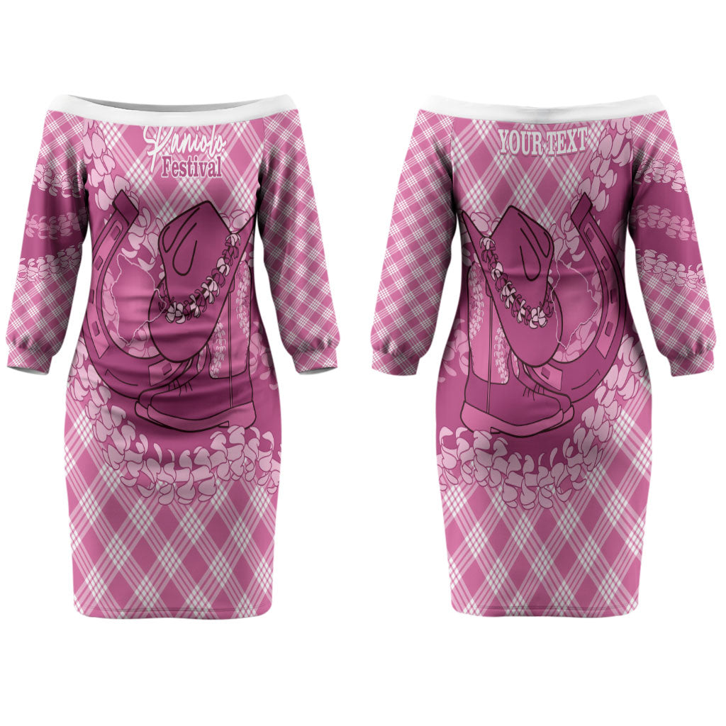 Alaka Hawaii Cowboy Palaka Motifs Personalised Family Matching Off The Shoulder Long Sleeve Dress and Hawaiian Shirt Paniolo Festival Puakenikeni Lei LT14 Mom's Dress Pink - Polynesian Pride