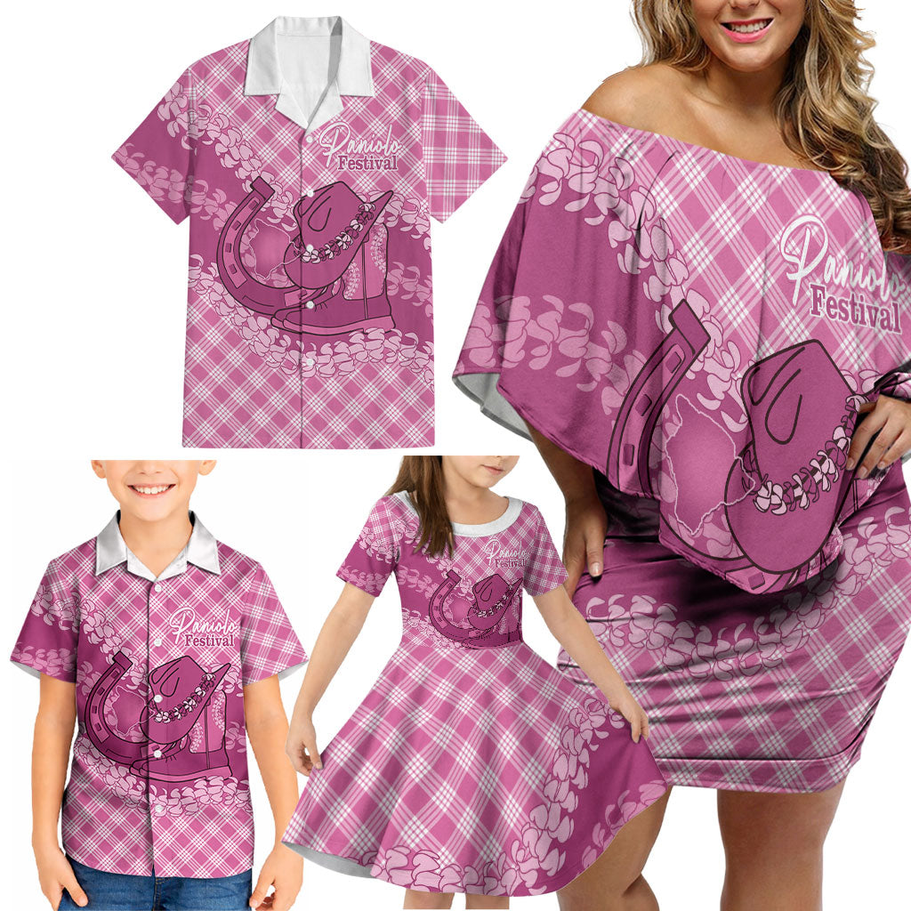 Alaka Hawaii Cowboy Palaka Motifs Personalised Family Matching Off Shoulder Short Dress and Hawaiian Shirt Paniolo Festival Puakenikeni Lei LT14 - Polynesian Pride