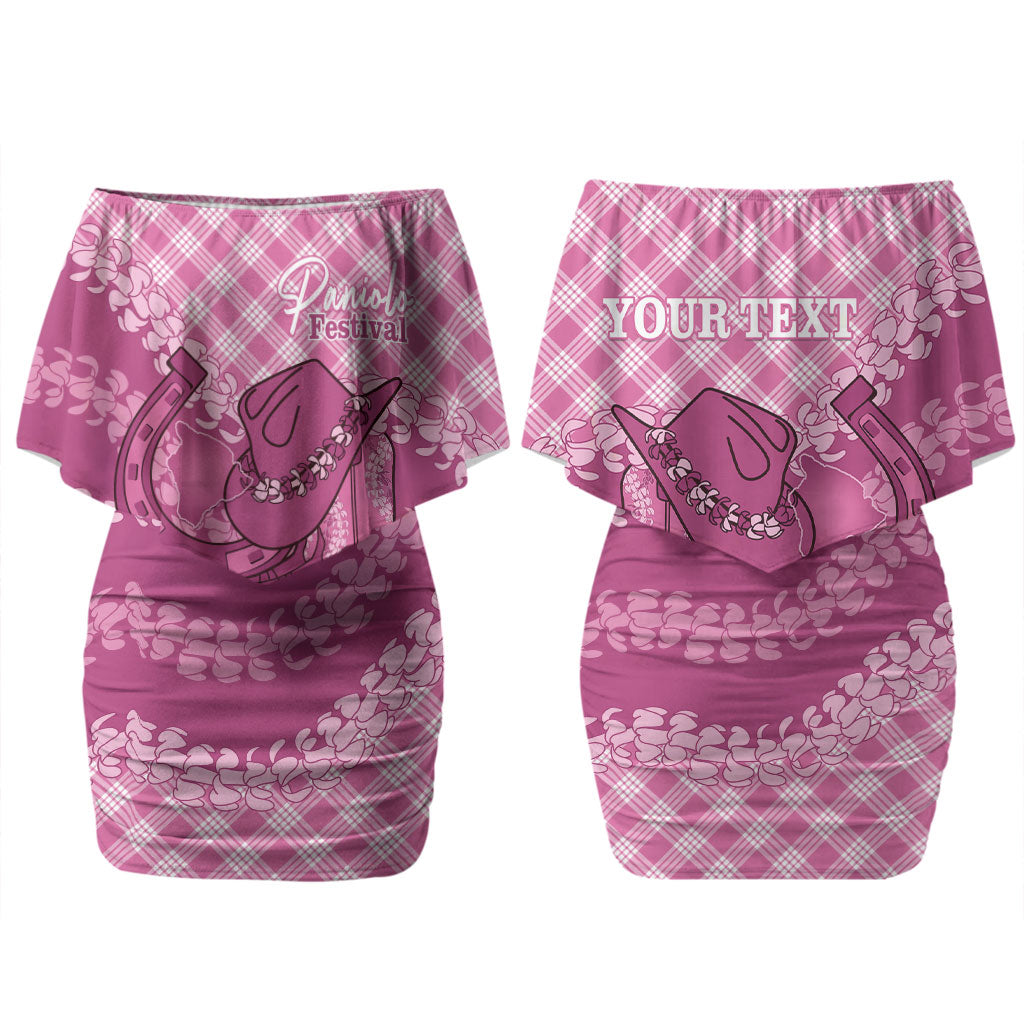 Alaka Hawaii Cowboy Palaka Motifs Personalised Family Matching Off Shoulder Short Dress and Hawaiian Shirt Paniolo Festival Puakenikeni Lei LT14 Mom's Dress Pink - Polynesian Pride