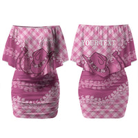 Alaka Hawaii Cowboy Palaka Motifs Personalised Family Matching Off Shoulder Short Dress and Hawaiian Shirt Paniolo Festival Puakenikeni Lei LT14 Mom's Dress Pink - Polynesian Pride