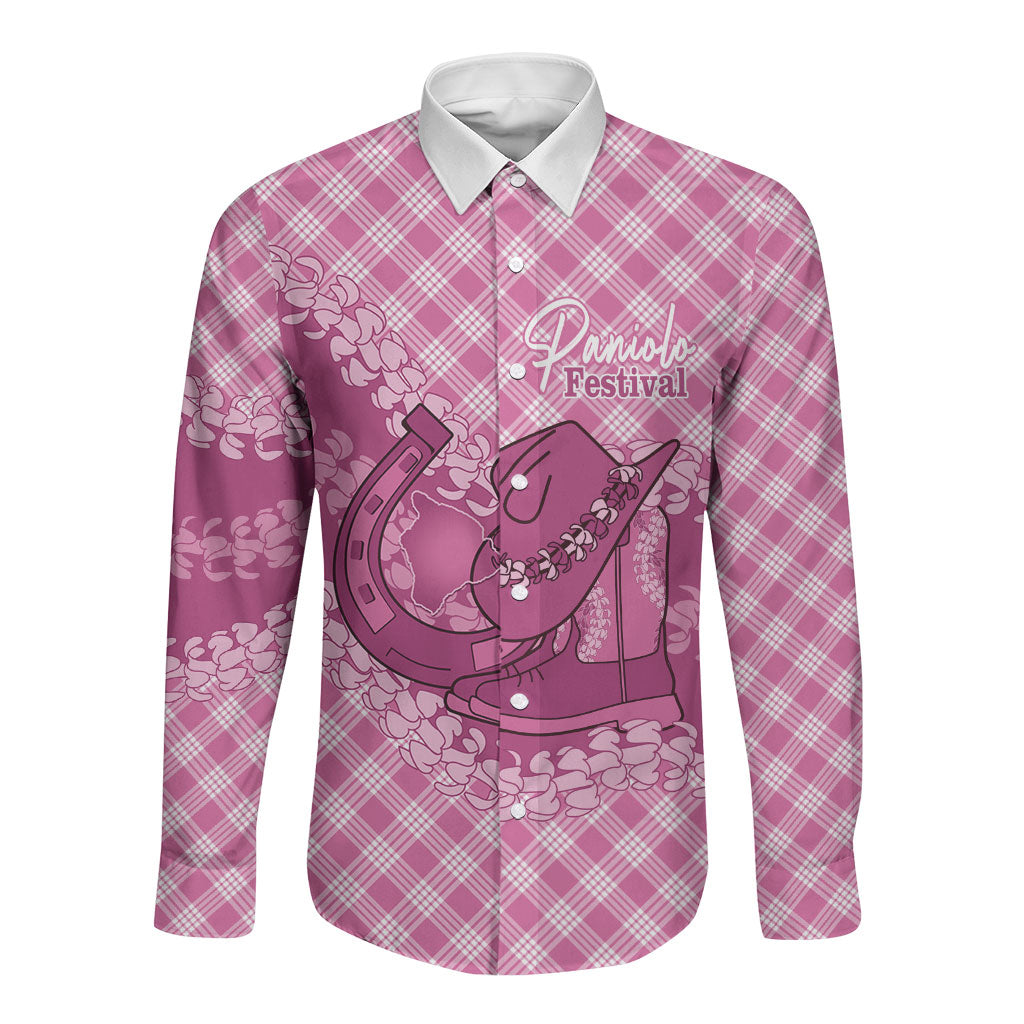 Alaka Hawaii Cowboy Palaka Motifs Personalised Long Sleeve Button Shirt Paniolo Festival Puakenikeni Lei LT14 Unisex Pink - Polynesian Pride
