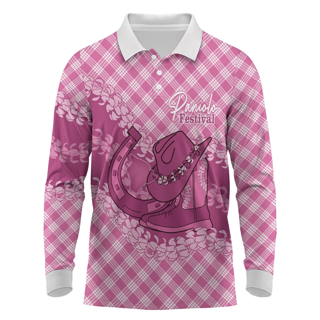 Alaka Hawaii Cowboy Palaka Motifs Personalised Long Sleeve Polo Shirt Paniolo Festival Puakenikeni Lei LT14 Pink - Polynesian Pride