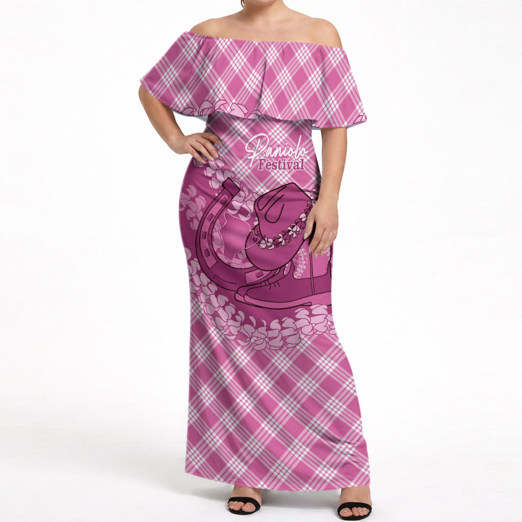 Alaka Hawaii Cowboy Palaka Motifs Personalised Off Shoulder Maxi Dress Paniolo Festival Puakenikeni Lei LT14 Women Pink - Polynesian Pride
