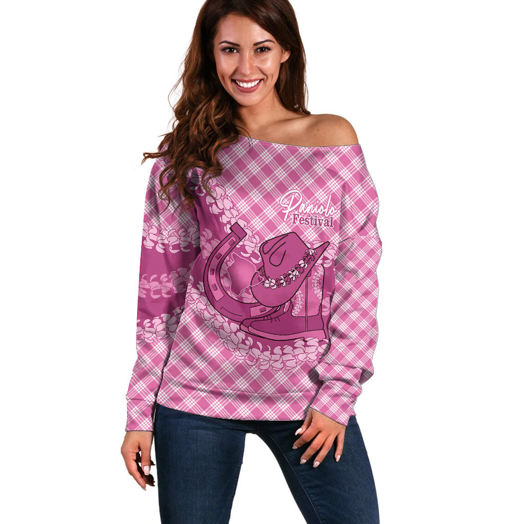 Alaka Hawaii Cowboy Palaka Motifs Personalised Off Shoulder Sweater Paniolo Festival Puakenikeni Lei LT14 Women Pink - Polynesian Pride