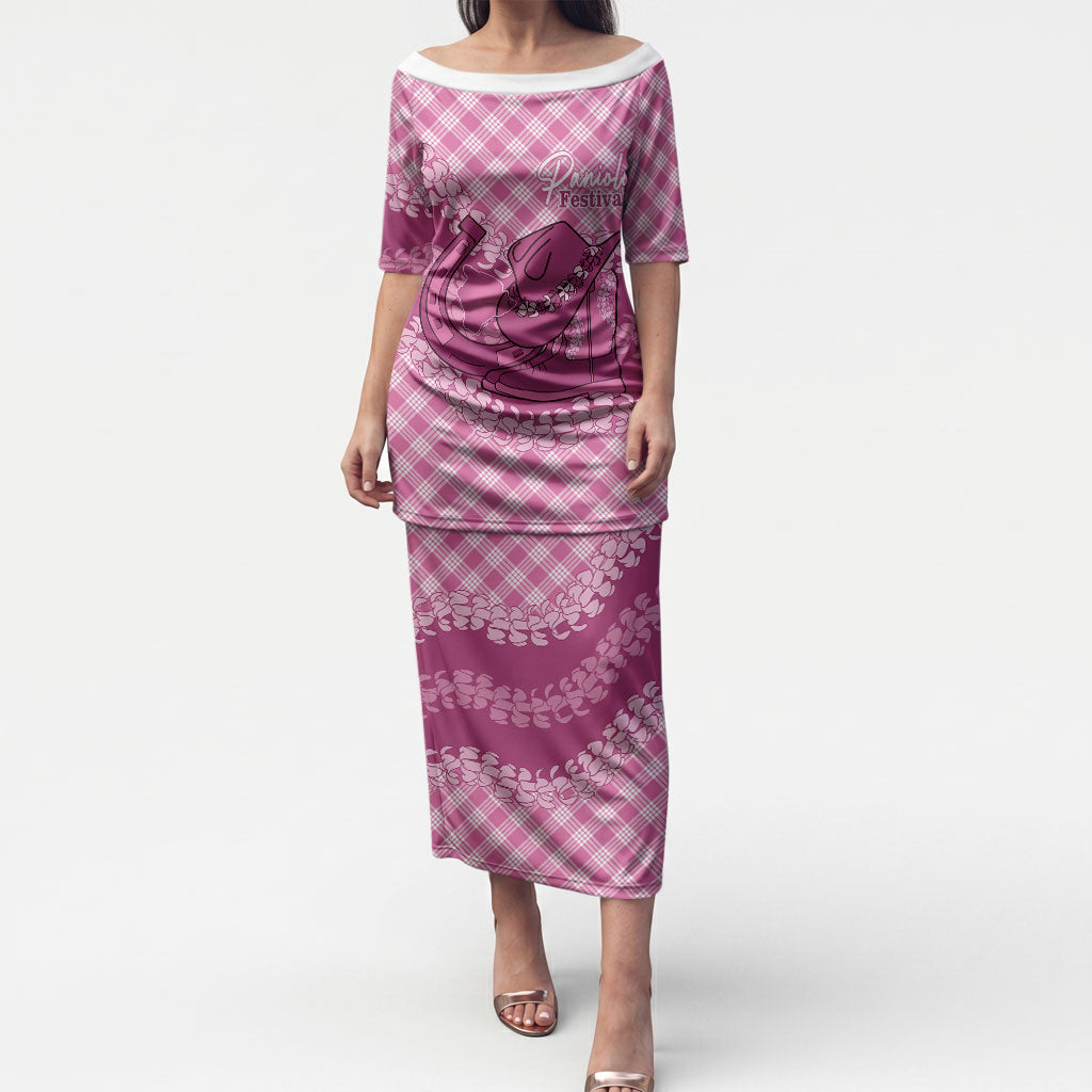 Alaka Hawaii Cowboy Palaka Motifs Personalised Puletasi Paniolo Festival Puakenikeni Lei LT14 Long Dress Pink - Polynesian Pride