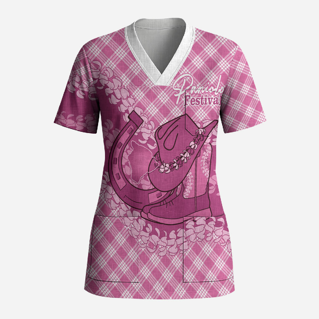Alaka Hawaii Cowboy Palaka Motifs Personalised Scrub Top Paniolo Festival Puakenikeni Lei LT14 Adult Pink - Polynesian Pride