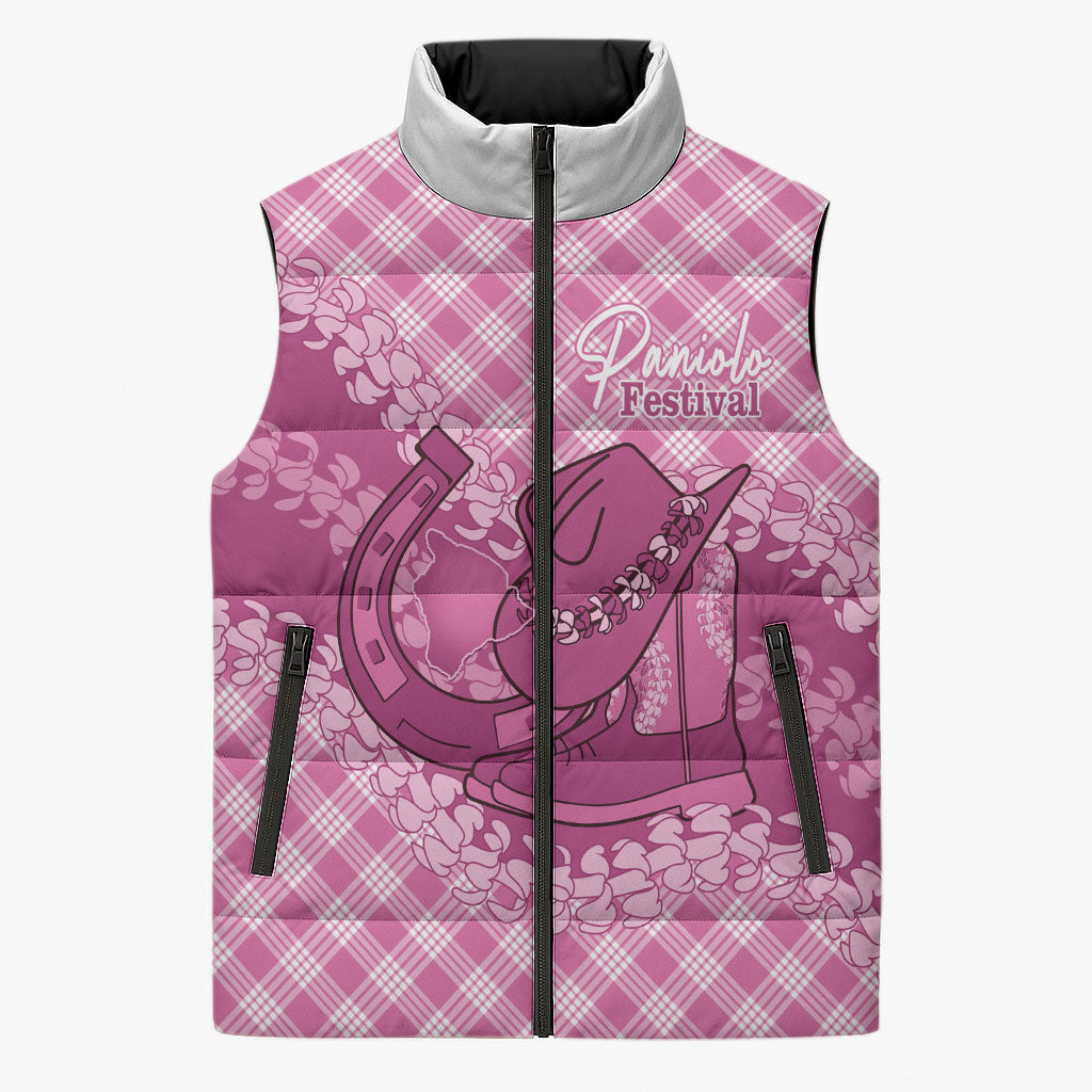 Alaka Hawaii Cowboy Palaka Motifs Personalised Sleeveless Puffer Jacket Paniolo Festival Puakenikeni Lei
