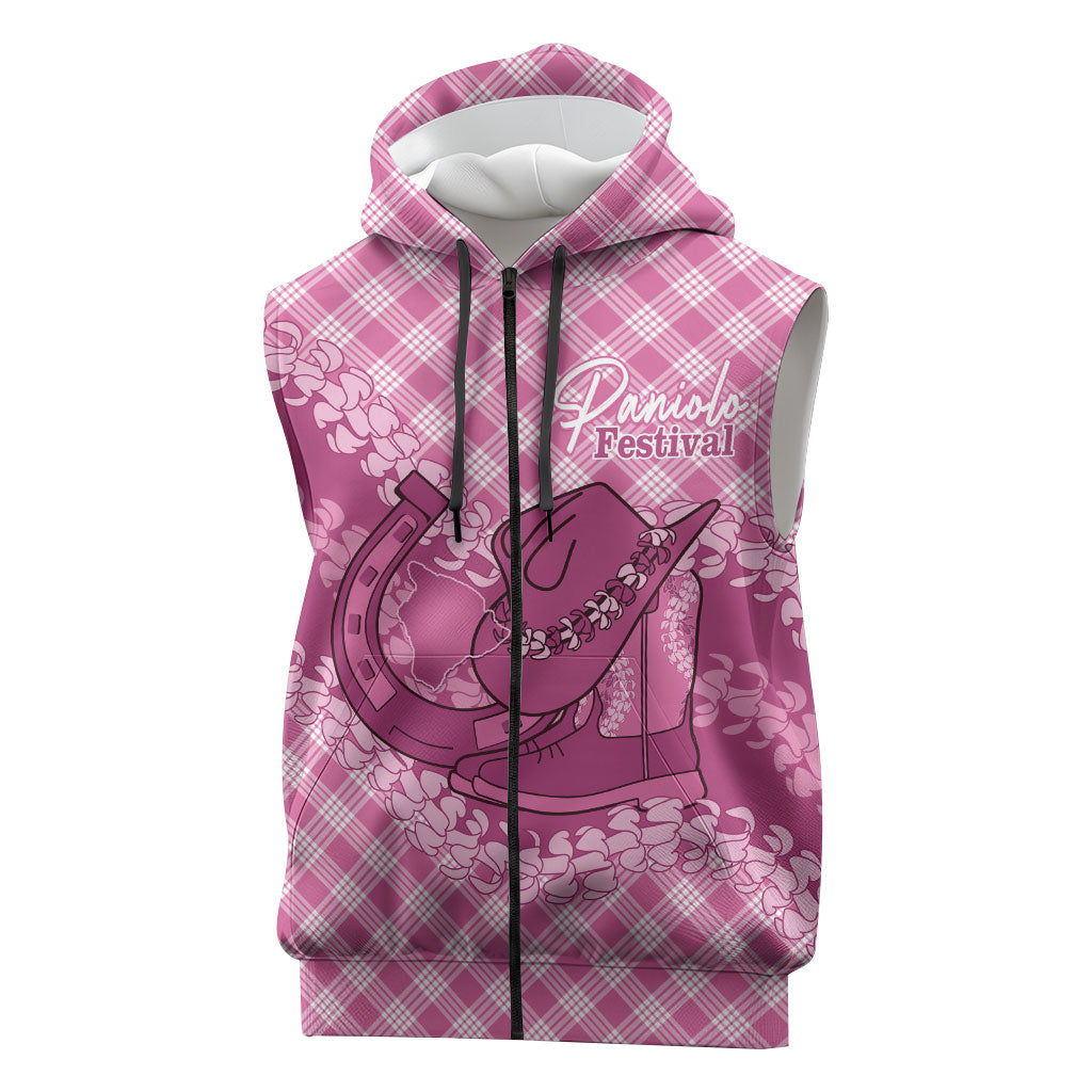 Alaka Hawaii Cowboy Palaka Motifs Personalised Sleeveless Zip Hoodie Paniolo Festival Puakenikeni Lei LT14 Pink - Polynesian Pride