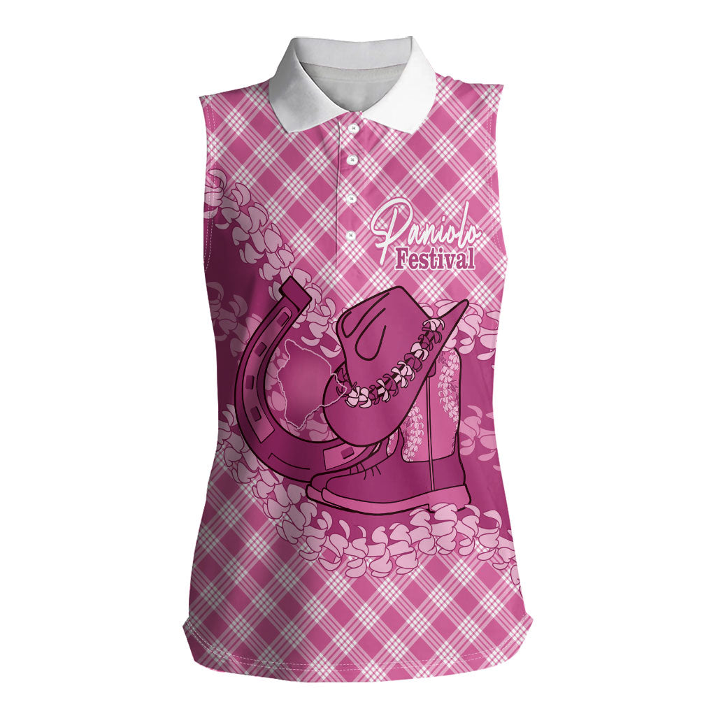 Alaka Hawaii Cowboy Palaka Motifs Personalised Women Sleeveless Polo Shirt Paniolo Festival Puakenikeni Lei LT14 Female Pink - Polynesian Pride