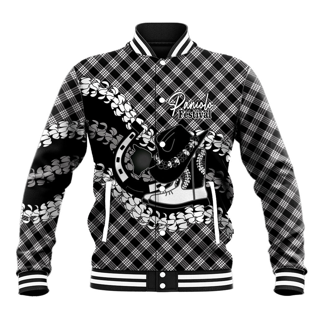 Eleele Hawaii Cowboy Palaka Motifs Personalised Baseball Jacket Paniolo Festival Puakenikeni Lei LT14 Unisex Black - Polynesian Pride
