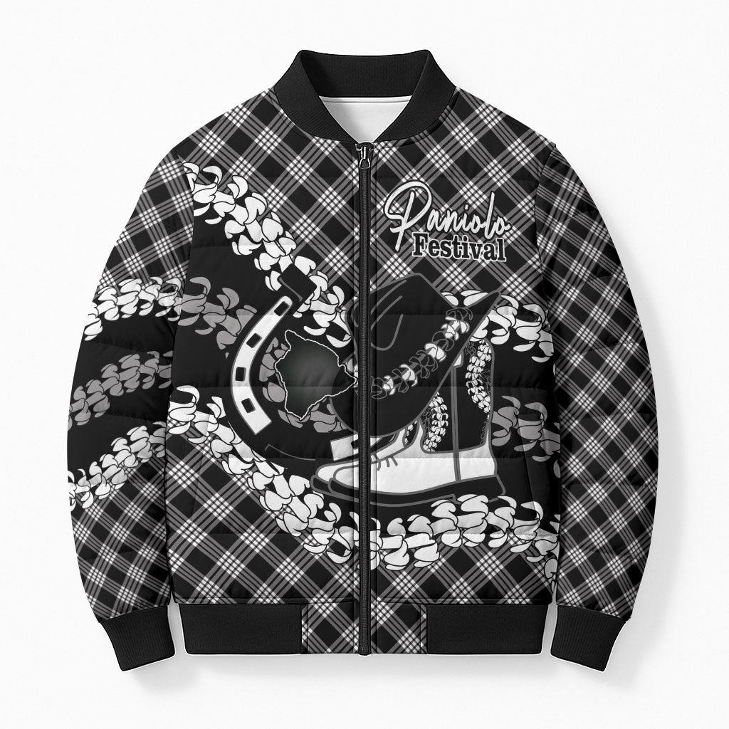 Eleele Hawaii Cowboy Palaka Motifs Personalised Bomber Puffer Jacket Paniolo Festival Puakenikeni Lei