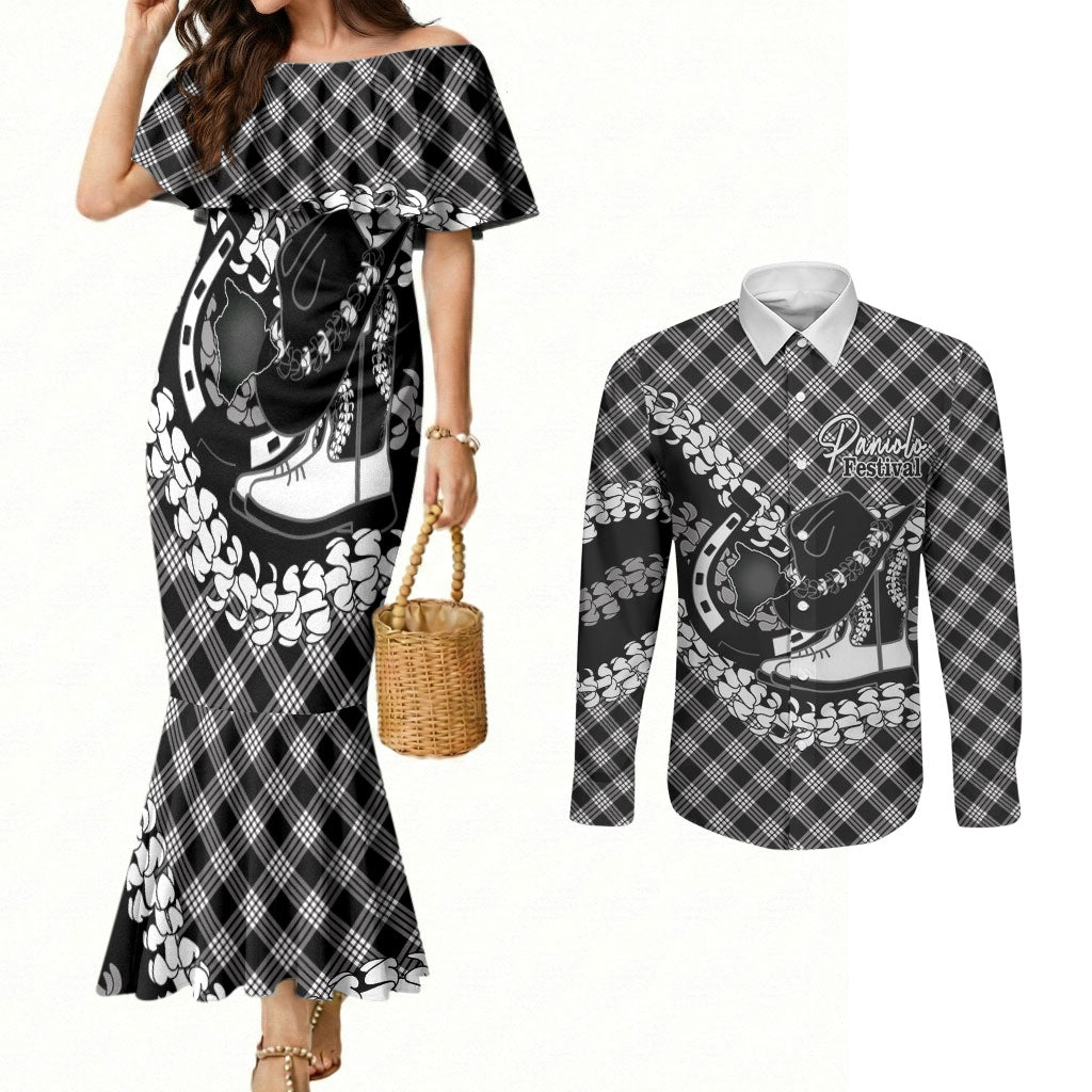 Eleele Hawaii Cowboy Palaka Motifs Personalised Couples Matching Mermaid Dress and Long Sleeve Button Shirt Paniolo Festival Puakenikeni Lei LT14 Black - Polynesian Pride
