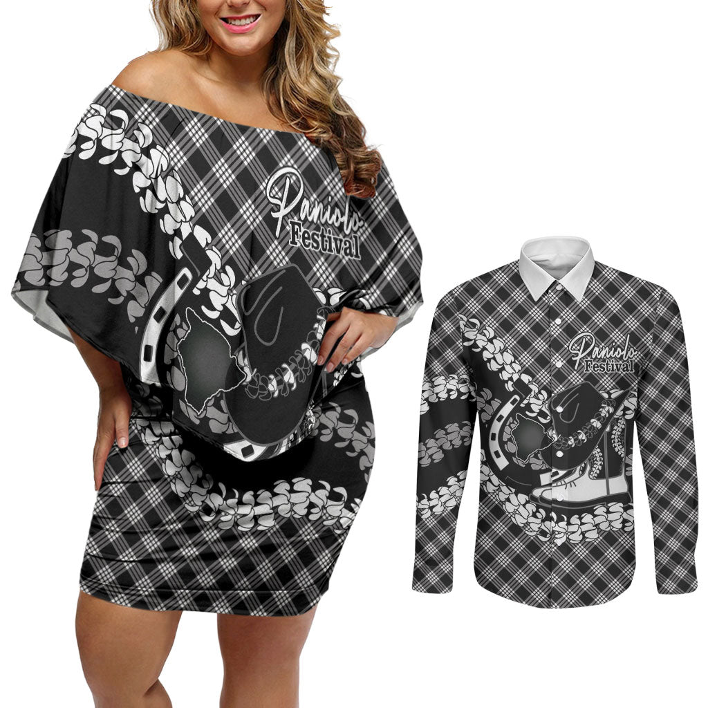 Eleele Hawaii Cowboy Palaka Motifs Personalised Couples Matching Off Shoulder Short Dress and Long Sleeve Button Shirt Paniolo Festival Puakenikeni Lei LT14 Black - Polynesian Pride