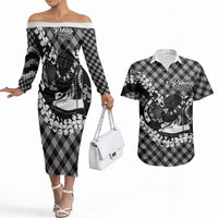 Eleele Hawaii Cowboy Palaka Motifs Personalised Couples Matching Off The Shoulder Long Sleeve Dress and Hawaiian Shirt Paniolo Festival Puakenikeni Lei LT14 Black - Polynesian Pride