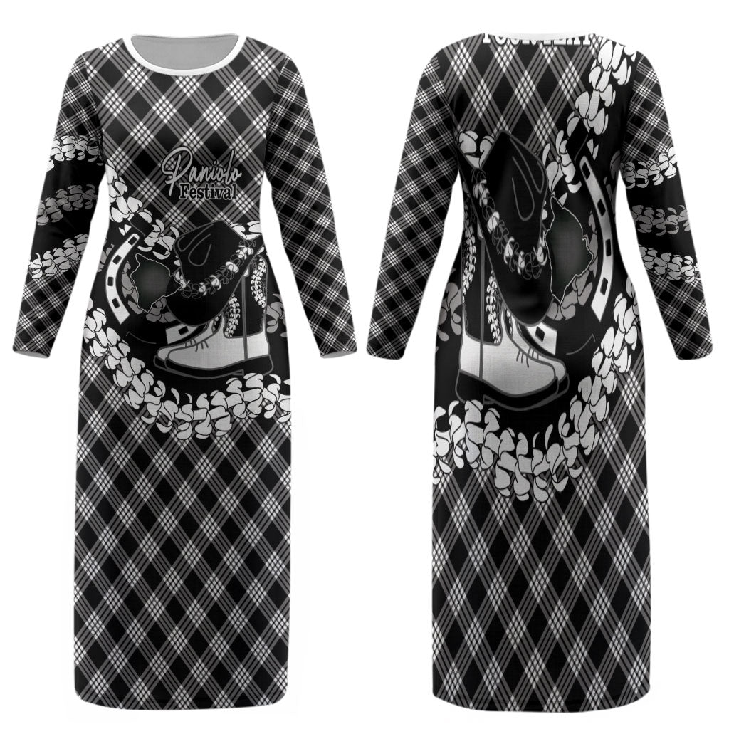 Eleele Hawaii Cowboy Palaka Motifs Personalised Family Matching Long Sleeve Bodycon Dress and Hawaiian Shirt Paniolo Festival Puakenikeni Lei LT14 Mom's Dress Black - Polynesian Pride