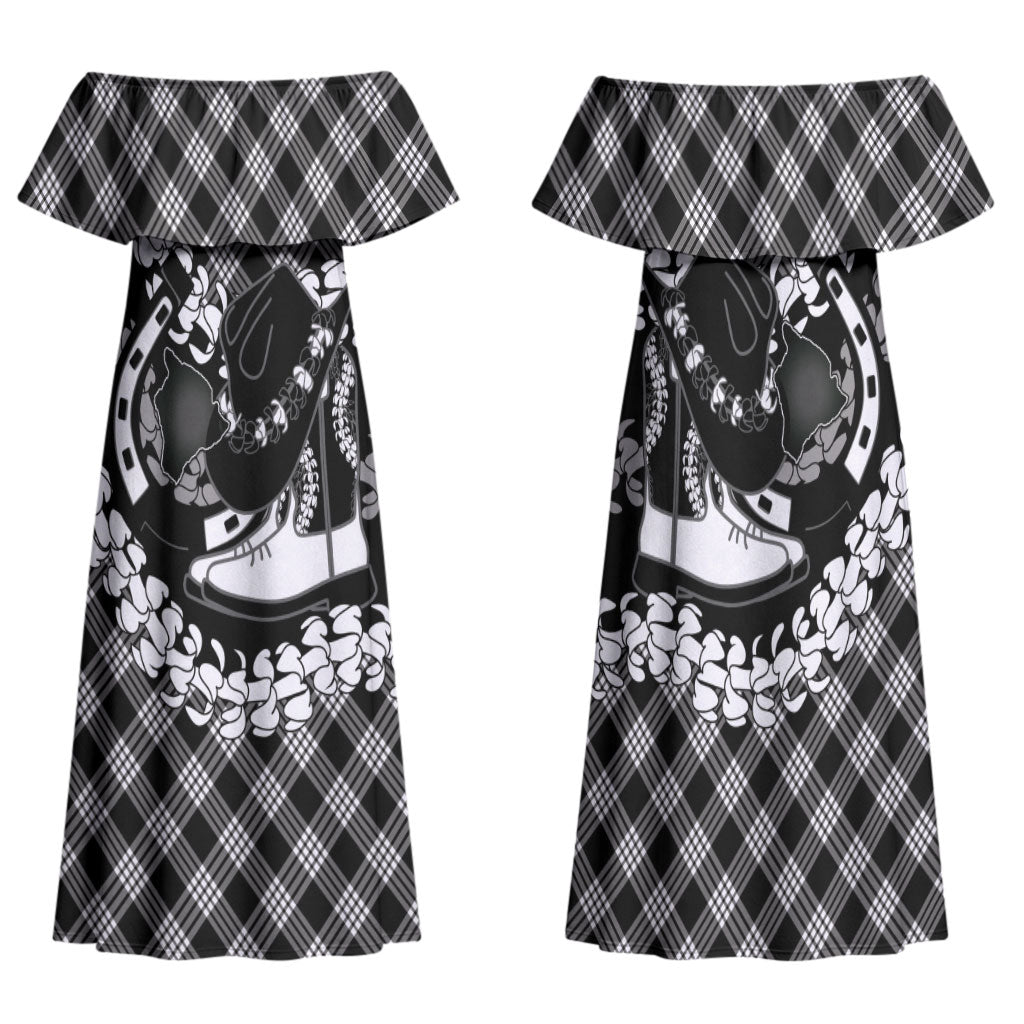 Eleele Hawaii Cowboy Palaka Motifs Personalised Family Matching Off Shoulder Maxi Dress and Hawaiian Shirt Paniolo Festival Puakenikeni Lei LT14 Mom's Dress Black - Polynesian Pride