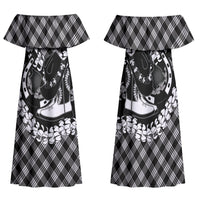 Eleele Hawaii Cowboy Palaka Motifs Personalised Family Matching Off Shoulder Maxi Dress and Hawaiian Shirt Paniolo Festival Puakenikeni Lei LT14 Mom's Dress Black - Polynesian Pride