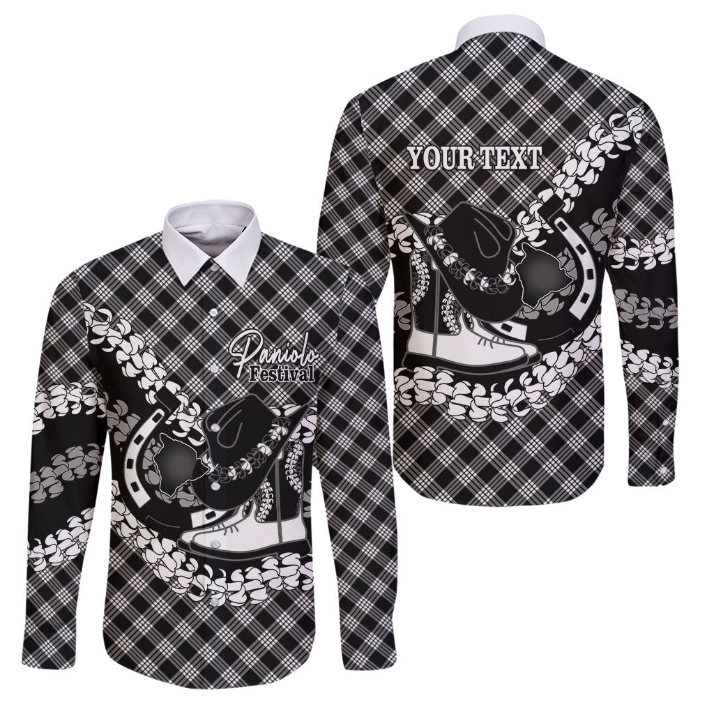 Eleele Hawaii Cowboy Palaka Motifs Personalised Family Matching Short Sleeve Bodycon Dress and Hawaiian Shirt Paniolo Festival Puakenikeni Lei LT14 Dad's Shirt - Long Sleeve Black - Polynesian Pride