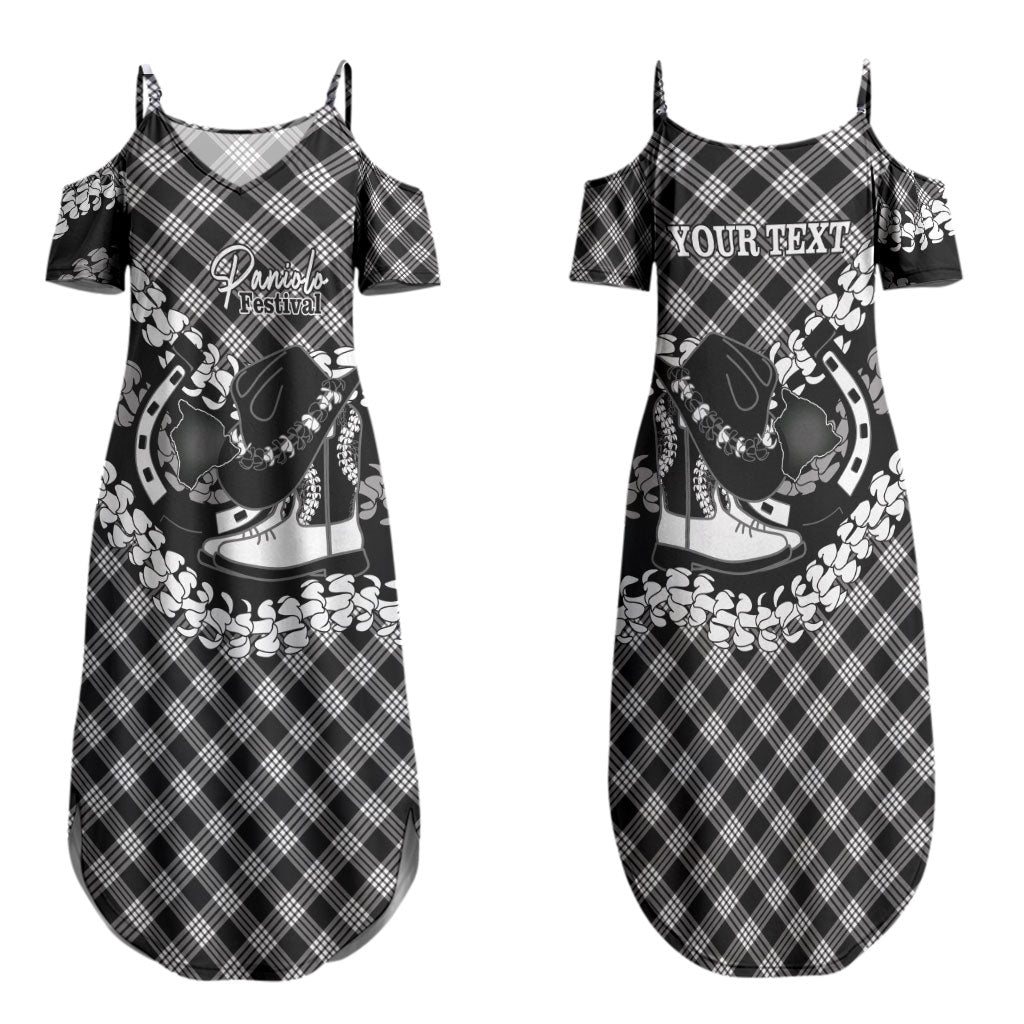 Eleele Hawaii Cowboy Palaka Motifs Personalised Family Matching Summer Maxi Dress and Hawaiian Shirt Paniolo Festival Puakenikeni Lei LT14 Mom's Dress Black - Polynesian Pride