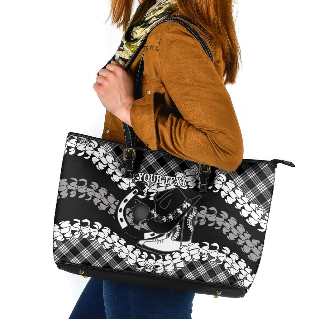 Eleele Hawaii Cowboy Palaka Motifs Personalised Leather Tote Bag Paniolo Festival Puakenikeni Lei LT14 Black - Polynesian Pride