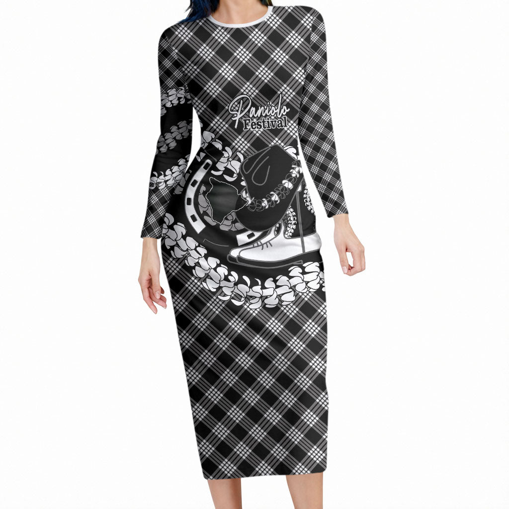 Eleele Hawaii Cowboy Palaka Motifs Personalised Long Sleeve Bodycon Dress Paniolo Festival Puakenikeni Lei LT14 Long Dress Black - Polynesian Pride