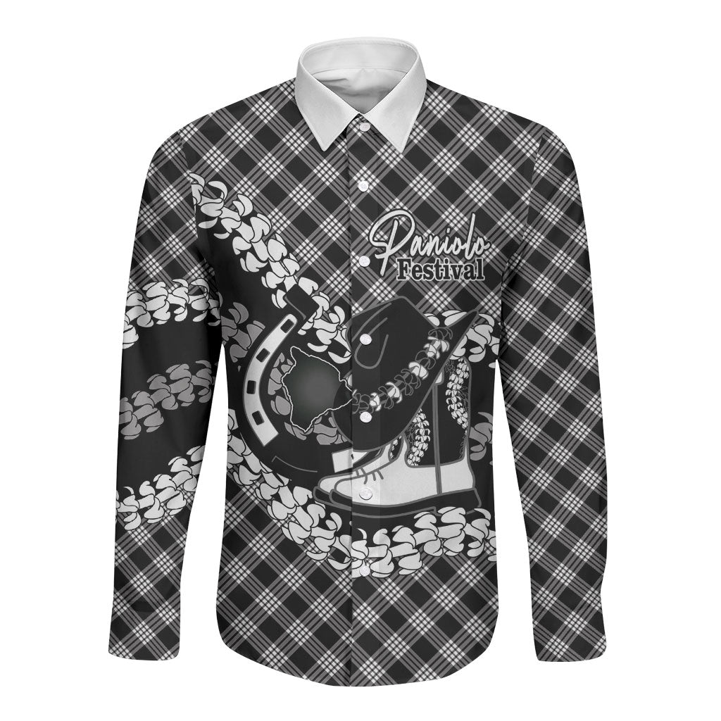 Eleele Hawaii Cowboy Palaka Motifs Personalised Long Sleeve Button Shirt Paniolo Festival Puakenikeni Lei LT14 Unisex Black - Polynesian Pride