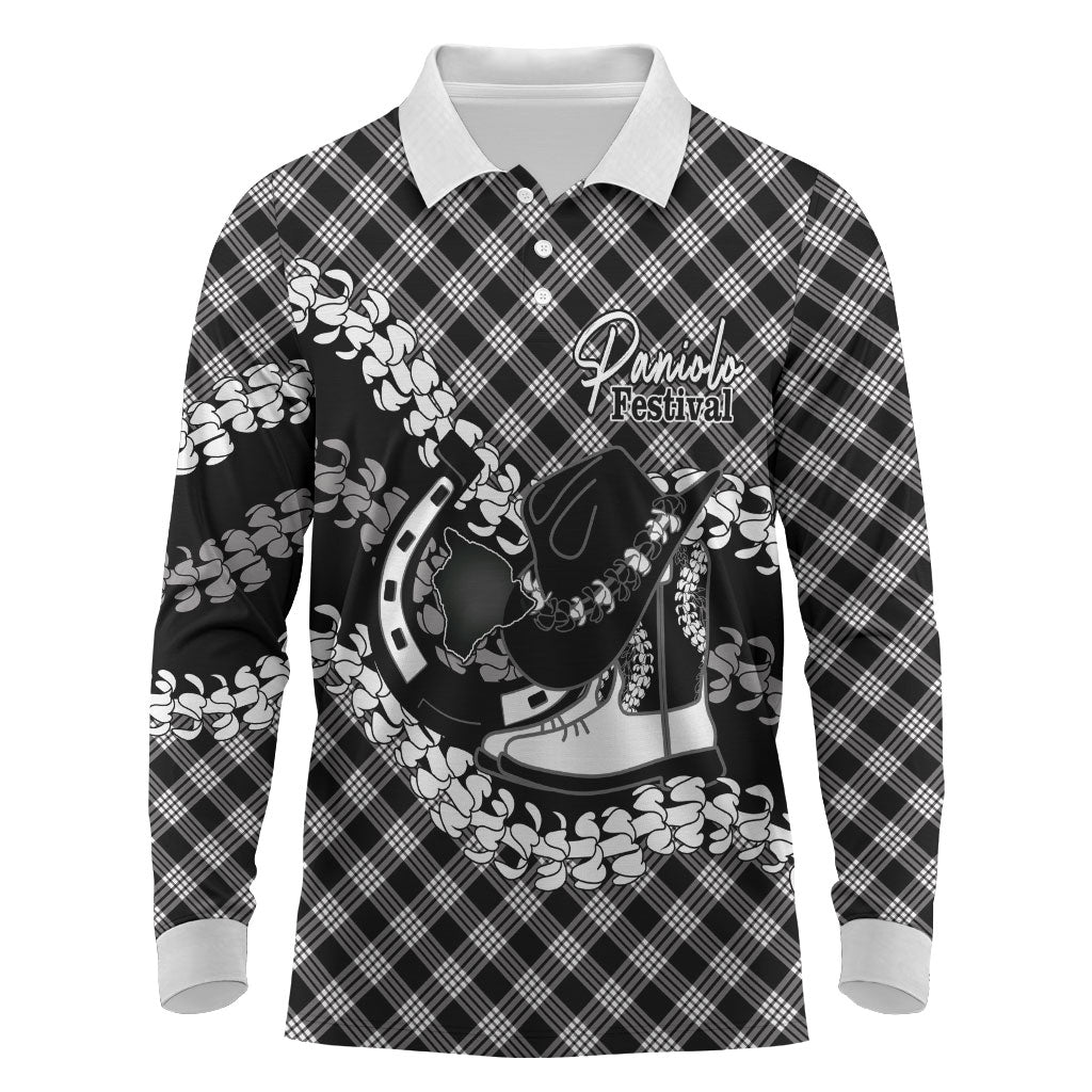Eleele Hawaii Cowboy Palaka Motifs Personalised Long Sleeve Polo Shirt Paniolo Festival Puakenikeni Lei LT14 Black - Polynesian Pride