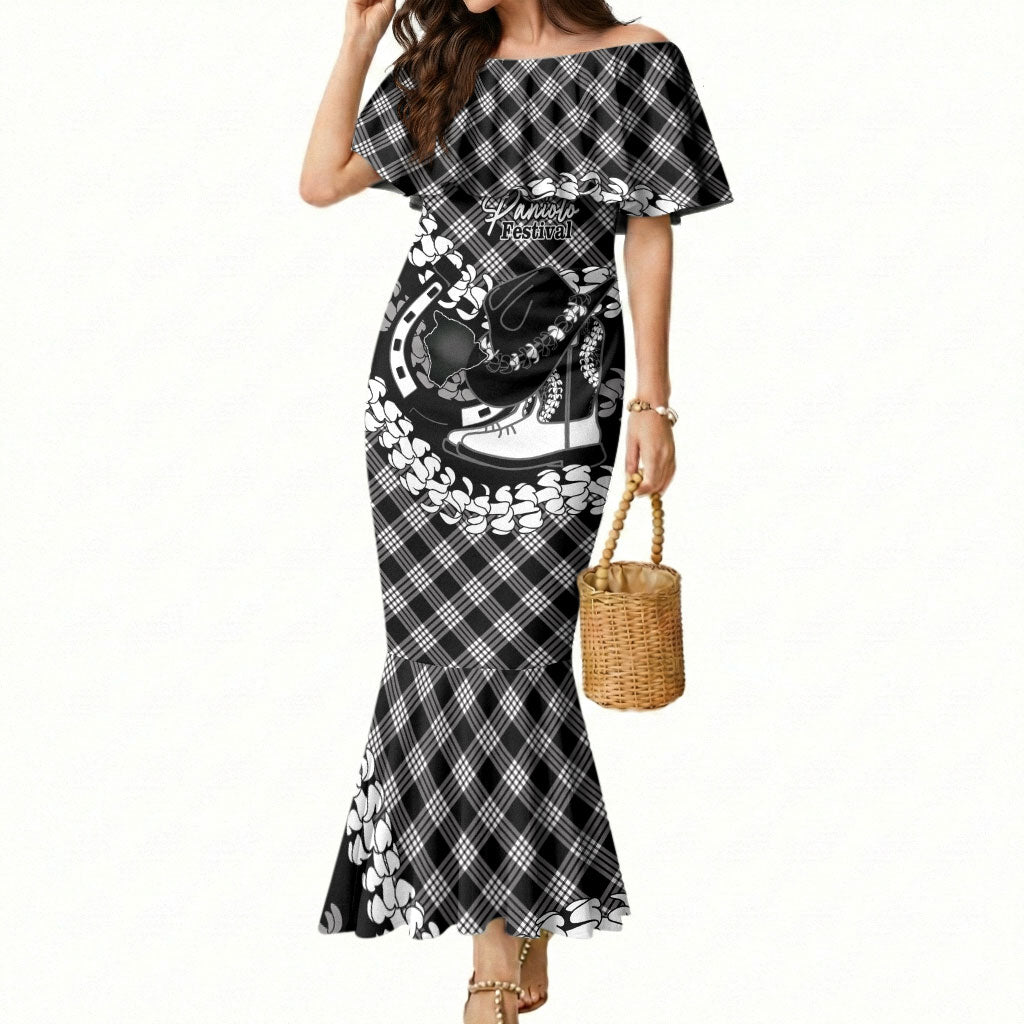 Eleele Hawaii Cowboy Palaka Motifs Personalised Mermaid Dress Paniolo Festival Puakenikeni Lei LT14 Women Black - Polynesian Pride