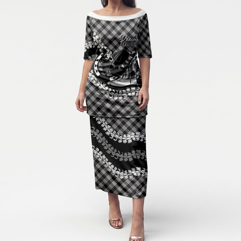 Eleele Hawaii Cowboy Palaka Motifs Personalised Puletasi Paniolo Festival Puakenikeni Lei LT14 Long Dress Black - Polynesian Pride