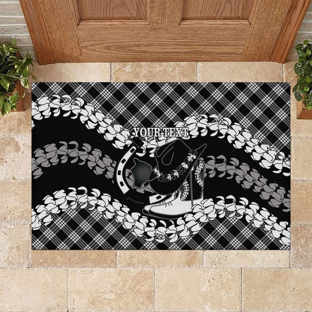 Eleele Hawaii Cowboy Palaka Motifs Personalised Rubber Doormat Paniolo Festival Puakenikeni Lei LT14 Black - Polynesian Pride