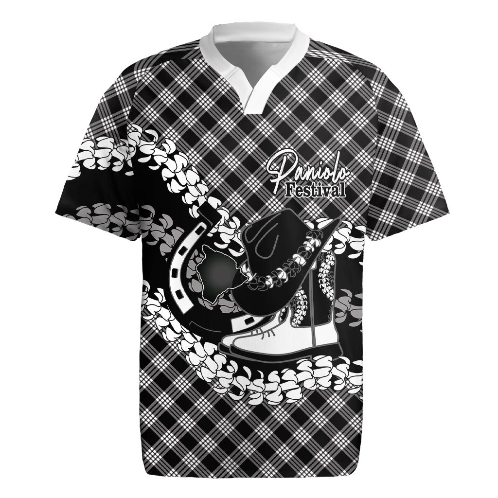 Eleele Hawaii Cowboy Palaka Motifs Personalised Rugby Jersey Paniolo Festival Puakenikeni Lei LT14 Black - Polynesian Pride