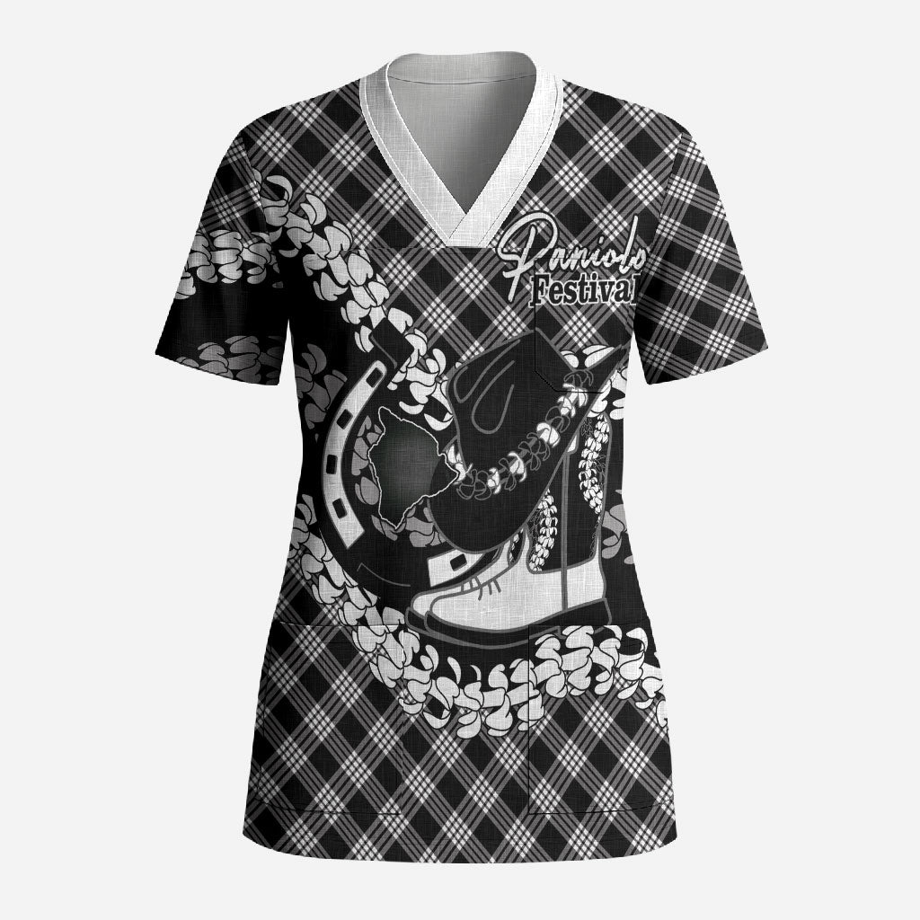 Eleele Hawaii Cowboy Palaka Motifs Personalised Scrub Top Paniolo Festival Puakenikeni Lei LT14 Adult Black - Polynesian Pride