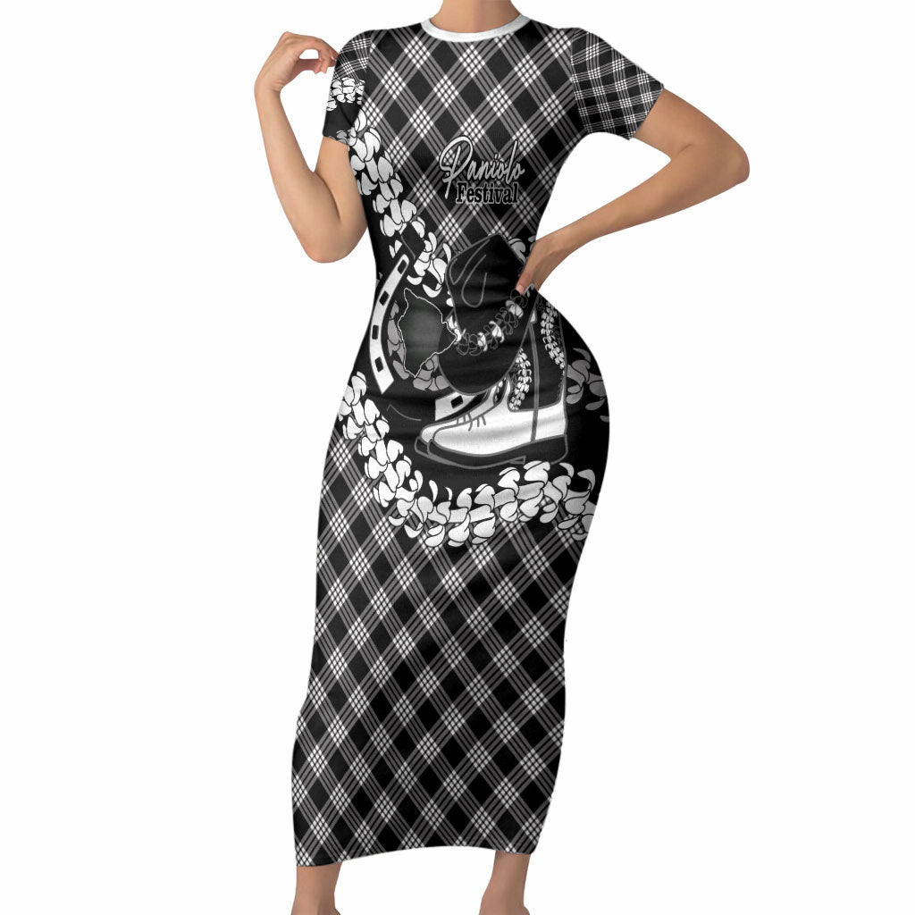 Eleele Hawaii Cowboy Palaka Motifs Personalised Short Sleeve Bodycon Dress Paniolo Festival Puakenikeni Lei LT14 Long Dress Black - Polynesian Pride