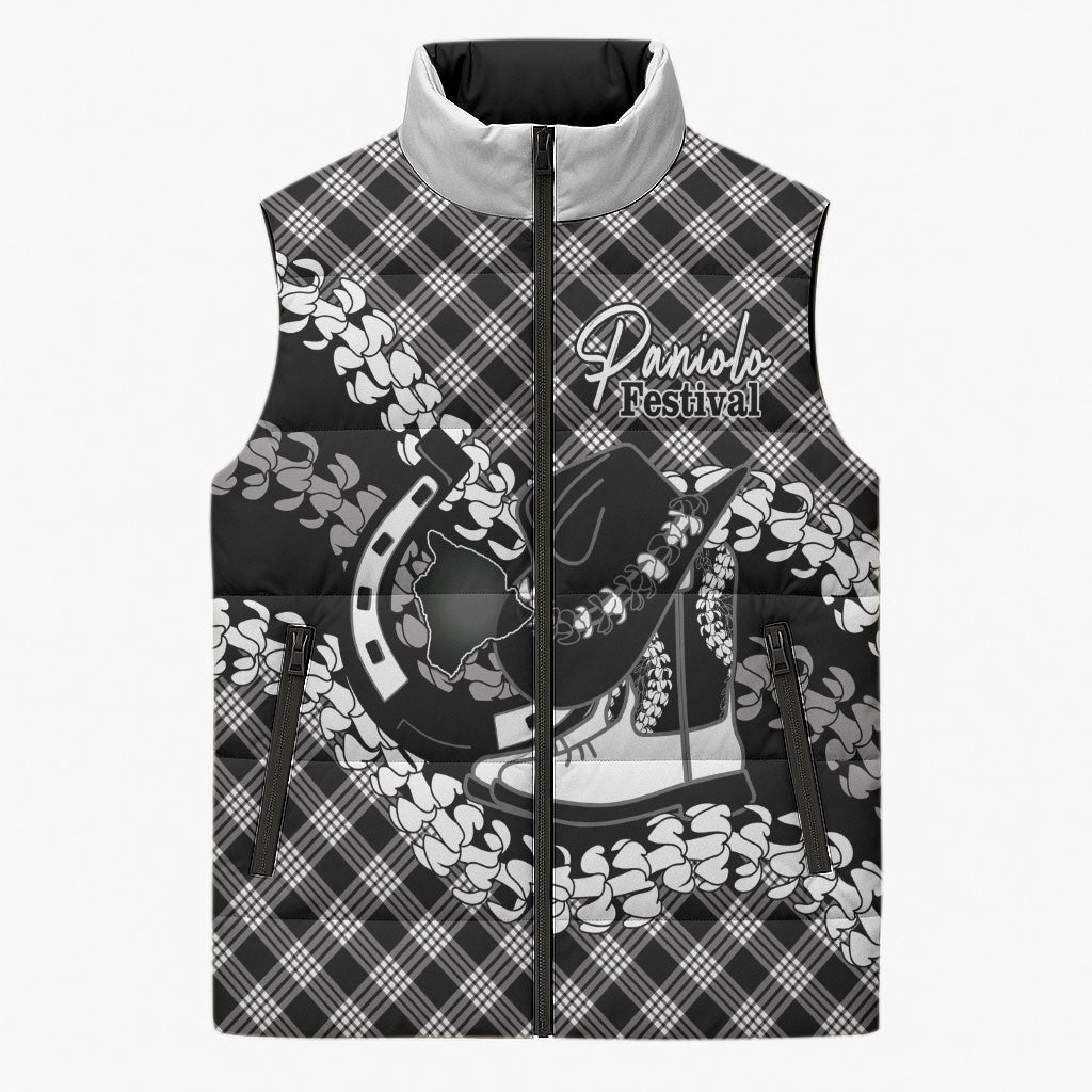 Eleele Hawaii Cowboy Palaka Motifs Personalised Sleeveless Puffer Jacket Paniolo Festival Puakenikeni Lei
