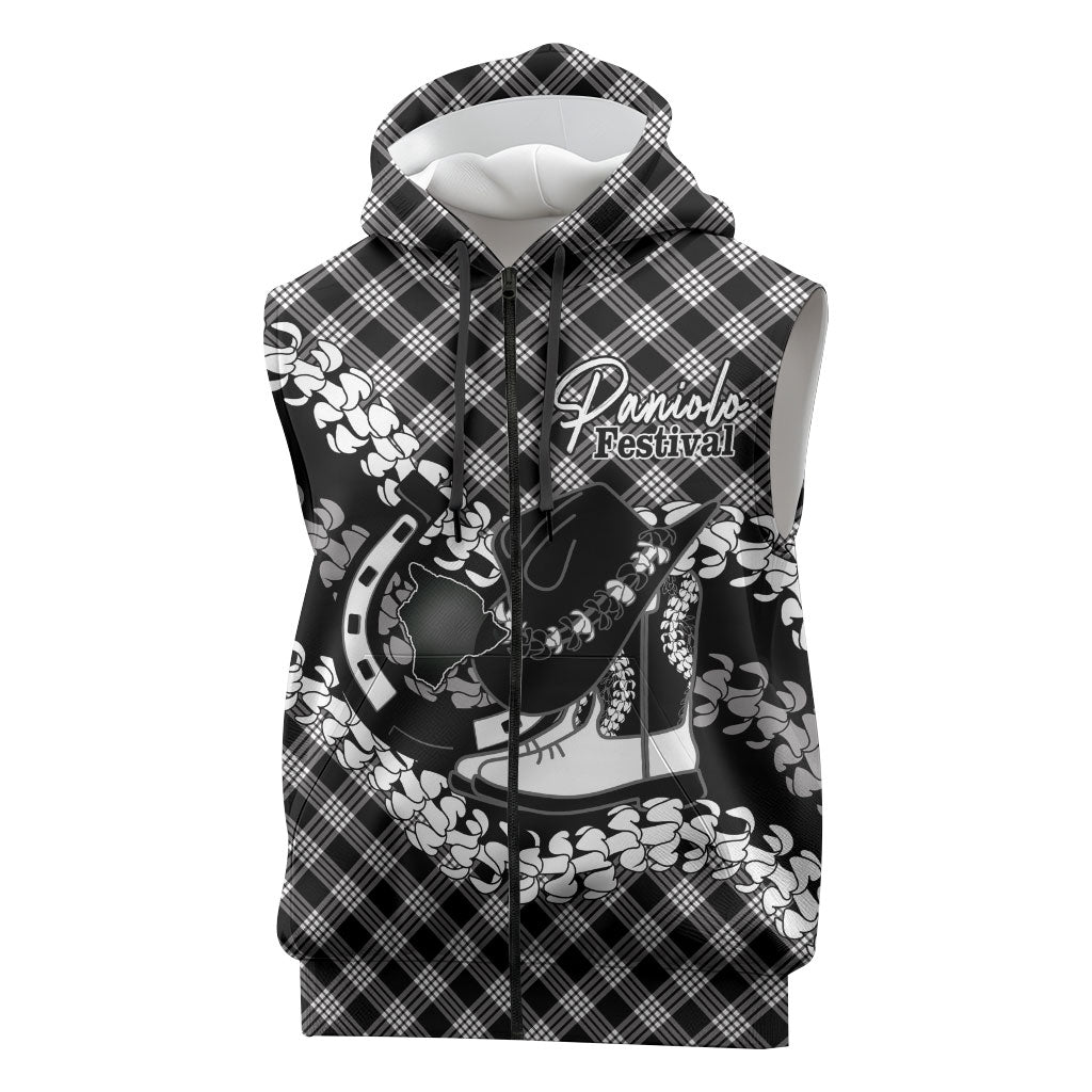 Eleele Hawaii Cowboy Palaka Motifs Personalised Sleeveless Zip Hoodie Paniolo Festival Puakenikeni Lei LT14 Black - Polynesian Pride