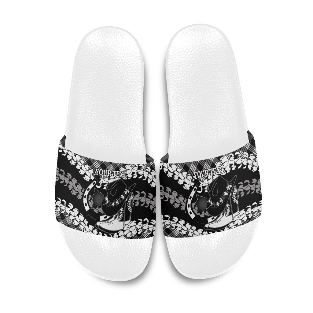 Eleele Hawaii Cowboy Palaka Motifs Personalised Slide Sandals Paniolo Festival Puakenikeni Lei LT14 Black - Polynesian Pride