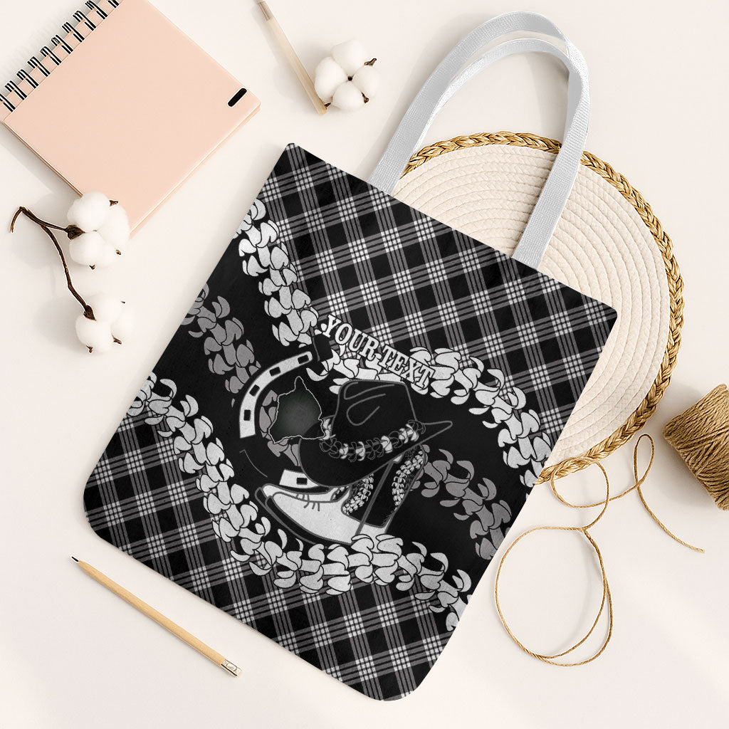Eleele Hawaii Cowboy Palaka Motifs Personalised Tote Bag Paniolo Festival Puakenikeni Lei LT14 White Strap One Size Black - Polynesian Pride