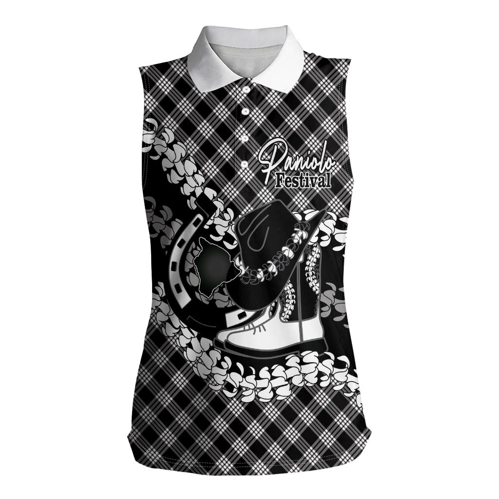 Eleele Hawaii Cowboy Palaka Motifs Personalised Women Sleeveless Polo Shirt Paniolo Festival Puakenikeni Lei LT14 Female Black - Polynesian Pride