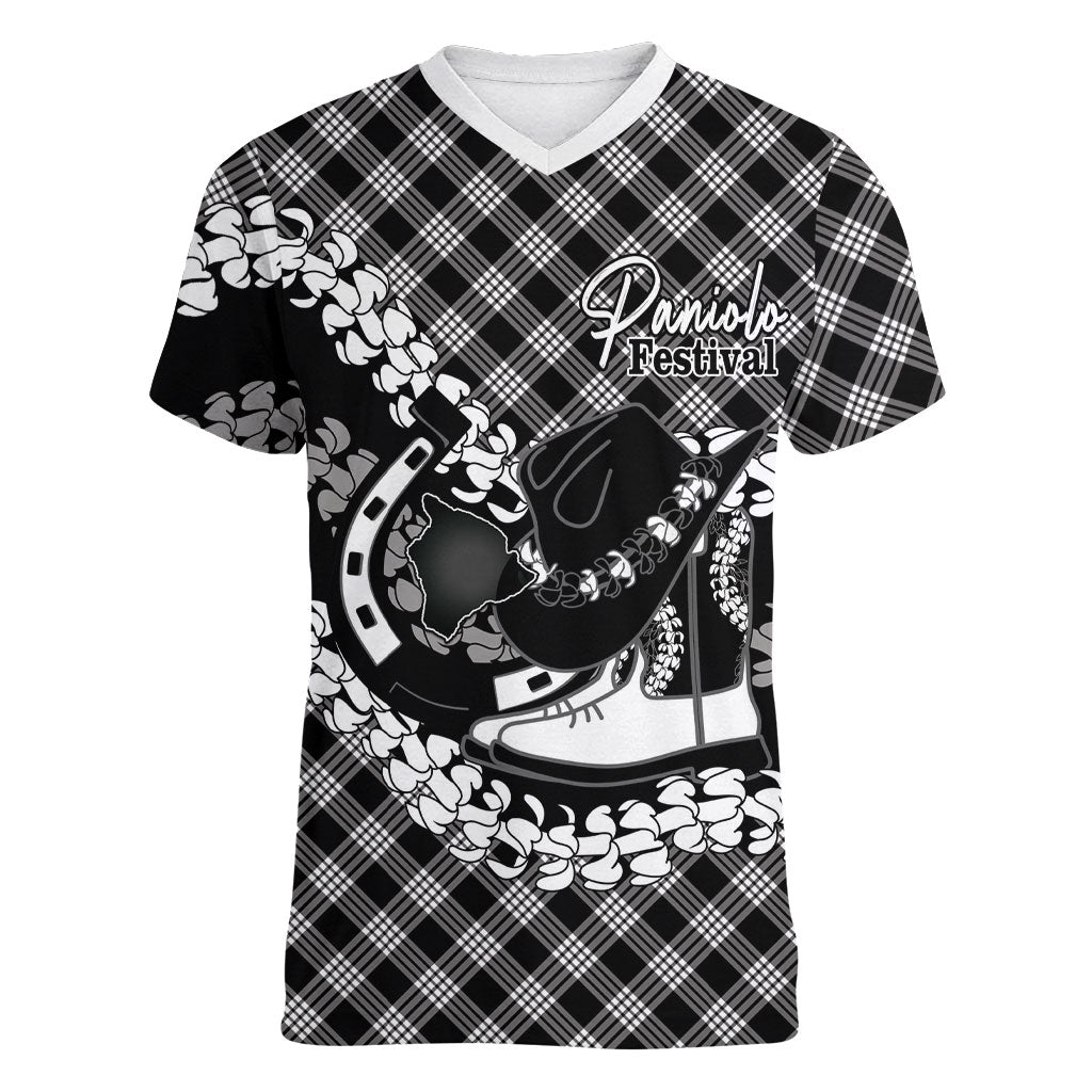 Eleele Hawaii Cowboy Palaka Motifs Personalised Women V-Neck T-Shirt Paniolo Festival Puakenikeni Lei LT14 Female Black - Polynesian Pride