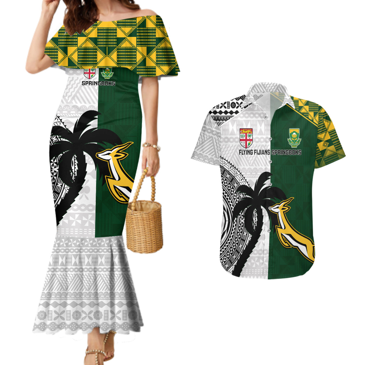 South Africa And Fiji Rugby Couples Matching Mermaid Dress and Hawaiian Shirt 2023 World Cup Fijian Tapa With Kente Pattern LT14 Green - Polynesian Pride