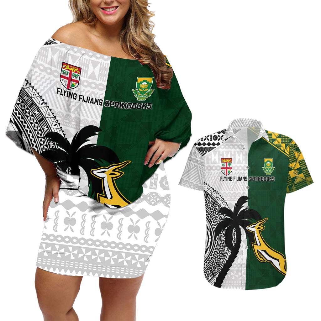 South Africa And Fiji Rugby Couples Matching Off Shoulder Short Dress and Hawaiian Shirt 2023 World Cup Fijian Tapa With Kente Pattern LT14 Green - Polynesian Pride