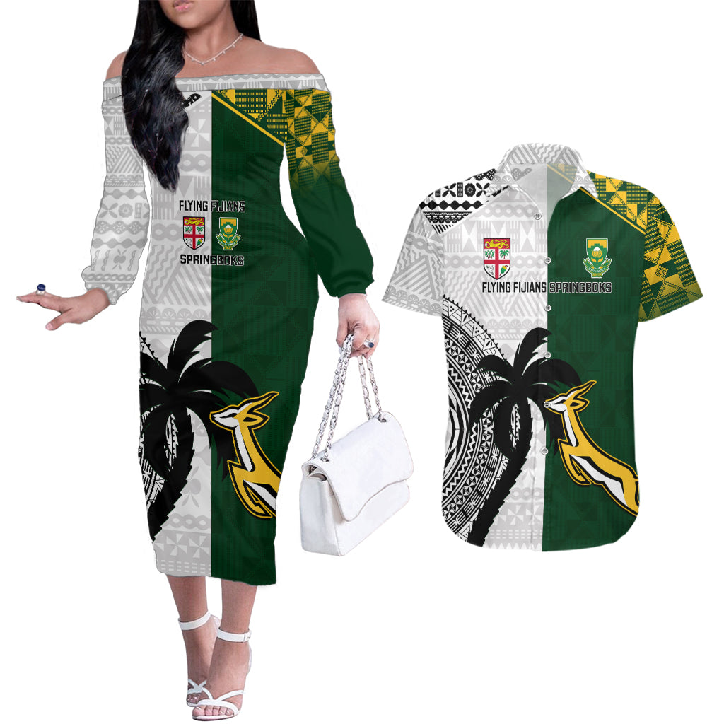 South Africa And Fiji Rugby Couples Matching Off The Shoulder Long Sleeve Dress and Hawaiian Shirt 2023 World Cup Fijian Tapa With Kente Pattern LT14 Green - Polynesian Pride