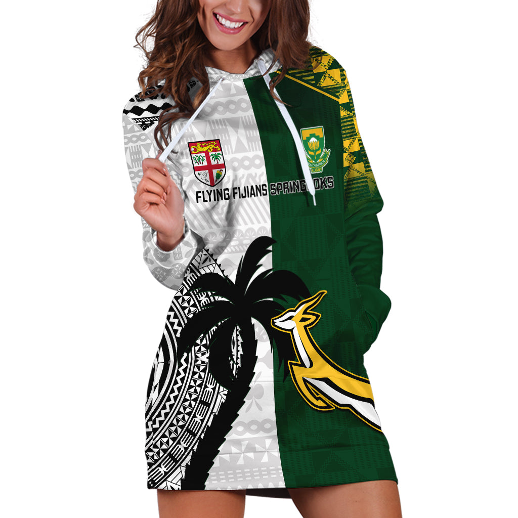 South Africa And Fiji Rugby Hoodie Dress 2023 World Cup Fijian Tapa With Kente Pattern LT14 Green - Polynesian Pride