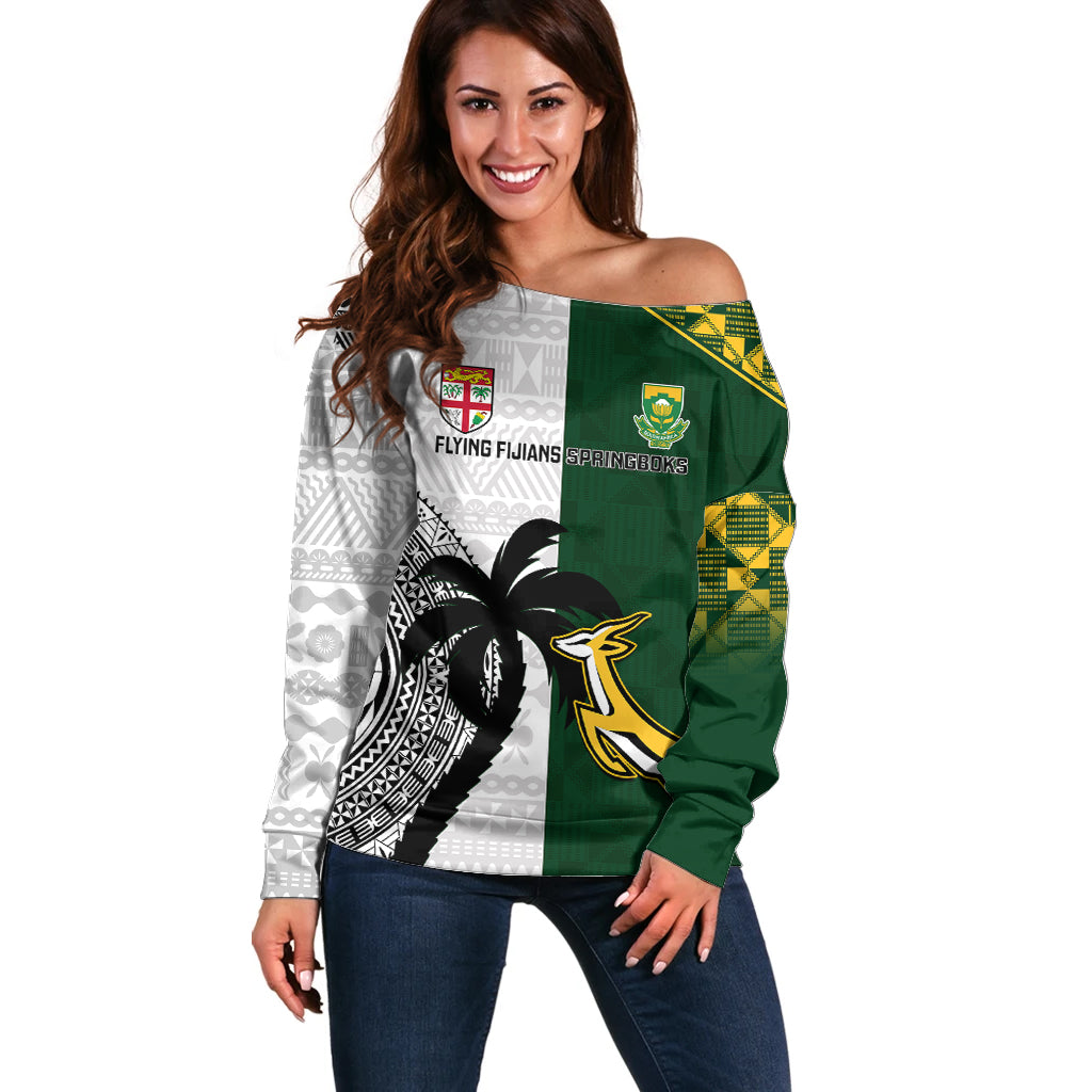 South Africa And Fiji Rugby Off Shoulder Sweater 2023 World Cup Fijian Tapa With Kente Pattern LT14 Women Green - Polynesian Pride