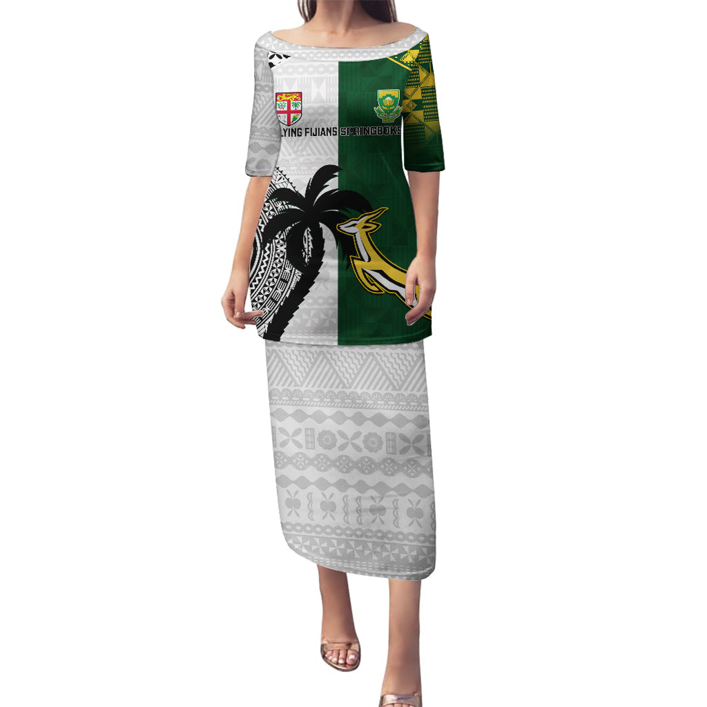 South Africa And Fiji Rugby Puletasi 2023 World Cup Fijian Tapa With Kente Pattern LT14 Long Dress Green - Polynesian Pride
