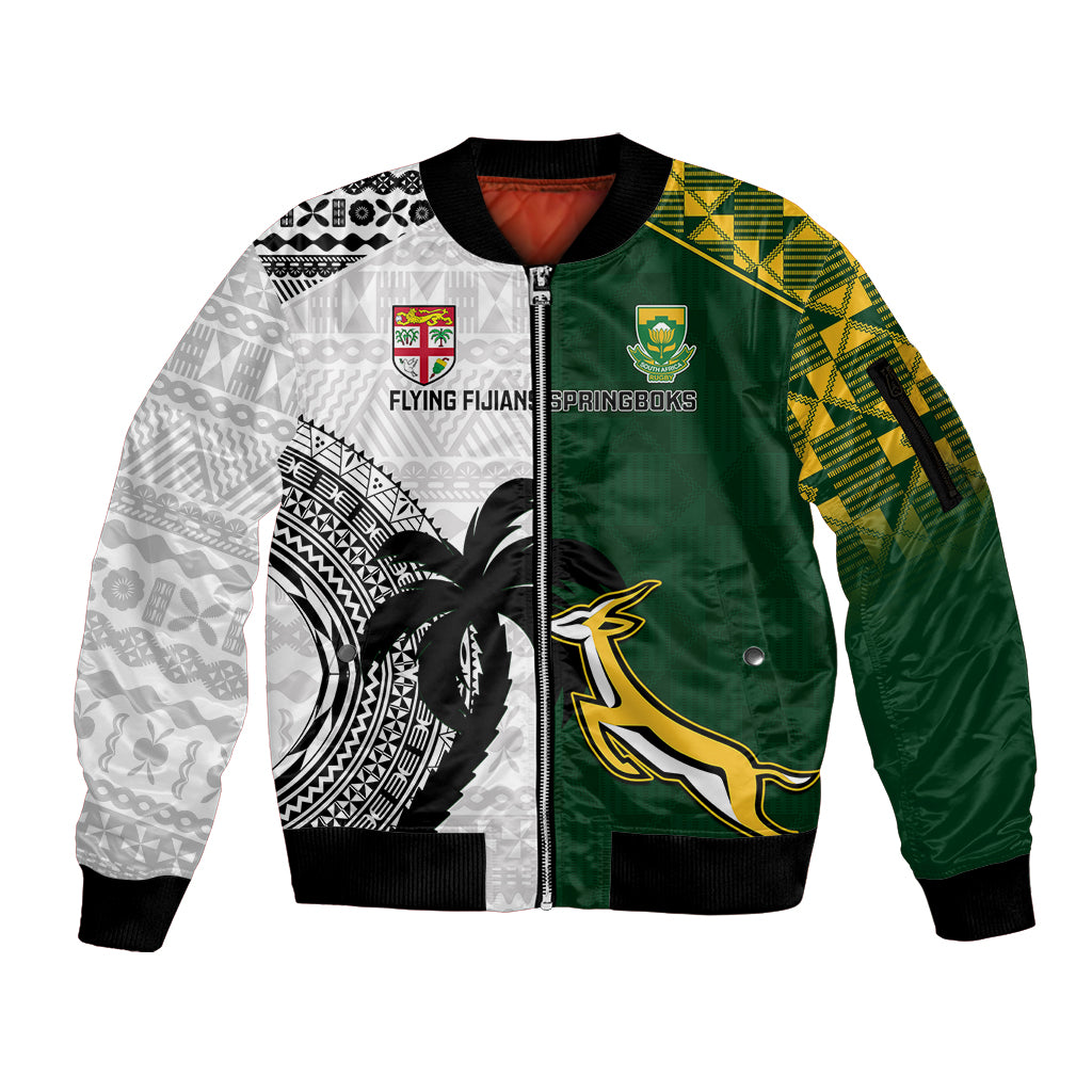 South Africa And Fiji Rugby Sleeve Zip Bomber Jacket 2023 World Cup Fijian Tapa With Kente Pattern LT14 Unisex Green - Polynesian Pride